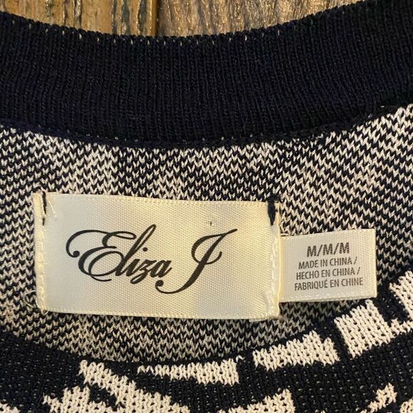 Eliza J. Sz M Navy Blue Print Sleeveless Drop Waist Luxury Knit Dress - Picture 5 of 8